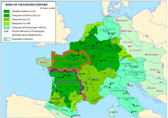 Карта Франкской империи - териториальные расширения от 481 до 814 г.