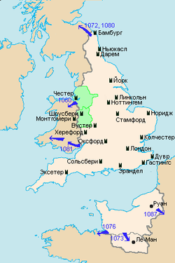 Англо-нормандская монархия в 1087 г. и важнейшие английские замки.Зелёным цветом показаны Чеширская и Шропширская марки.