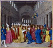 в соборе Петра, папа Лев III возложил Карлу Великому на голову корону и провозгласил его императором. Grandes Chroniques de France, enluminées par Jean Fouquet, Tours, vers 1455-1460.