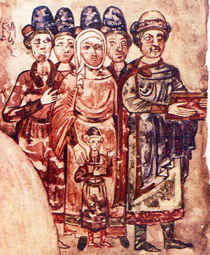 Святослав (крайний справа) с семьёй. Миниатюра из Изборника 1073 г.