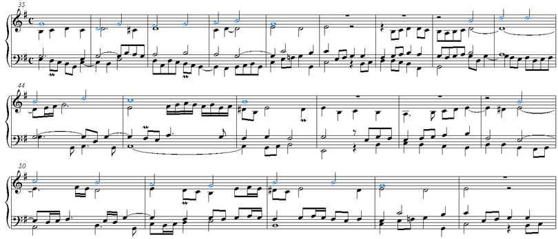 Такты 35—54 из хорала «Wenn mein Stündlein vorhanden ist». Мелодия в сопрано выделена.