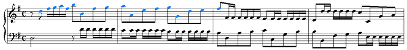 Отрывок из «Фуги Магнификат octavi toni № 12» (такты 15—18). Тема, появляющаяся здесь один раз, выделена.