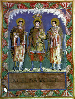 Карл I Великий, император Запада. Jedan od najstarijih prikaza Karla Velikog između papa Gelazija I. i Grgura I. Velikog iz sakramentarija Karla Ćelavog (oko 870.)