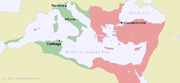 Завоевания Византии (обозначены зелёным цветом) при Юстиниане
