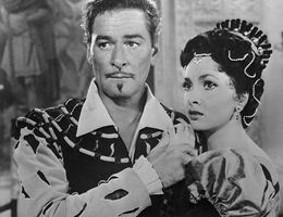 Флинн в роли Ренцо и Джина Лоллобриджида в роли Франчески («Скрещенные мечи», 1954)