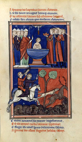 Хлодвиг принимает крещение. Изображение из Жития Святого Дениса (XIII в.)