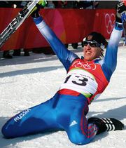 Евгений Дементьев на Олимпиаде в Турине после победного финиша