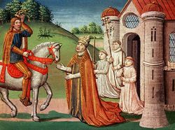 Карл Великий и папа Адриан I. In 772, папа Адриан I призвал его для защиты от лангобардского короля Дезидерия. Shown here, the pope asks Charlemagne for help at a meeting near Rome.