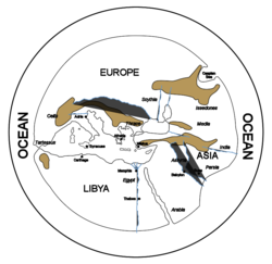 География мира по Гекатею, VI в. до н. э. Материк окружен со всех сторон безбрежным океаном. 