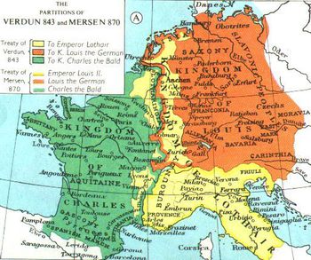 Раздел империи Карла Великого согласно договорам 843 и 870 г. Западно-франкское королевство Карла Лысого обозначено зелёным цветом