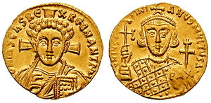 Justinian, on the reverse of this coin struck during his second reign, is holding a patriarchal globe with PAX, peace.