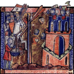 Крестоносцы забрасывают за стены Никеи головы убитых врагов. Миниатюра, конец XIII века