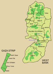 Карта избирательных участков и области формального влияния палестинской администрации (показана зелёным)