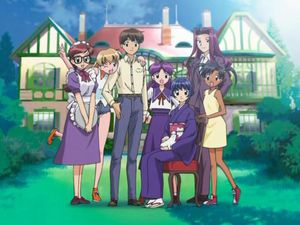 Персонажи сериала Ai Yori Aoshi. Слева направо: Таэко, Тина, Каору, Маю, Аой (с Удзумэ на коленях), Мияби, Тика.