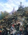 Минин на площади Нижнего Новгорода, призывающий народ к пожертвованиям. 1896.