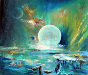 Е.Сарана На Изумрудной планете, картон, масло, 2008 г.
