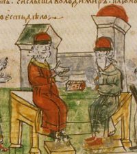 Беседа Владимира с греческим философом о христианстве. Радзивилловская летопись, л. 49 об.