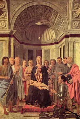 1472-1474 гг. Алтарь Монтефельтро, пинакотека Брера, Милан.