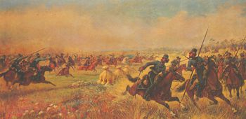 Картина В. Мазуровского «Дело казаков Платова под Миром 9 июля 1812 г.», 1912 г.. Холст, масло.    133x196