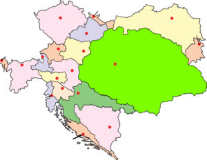 Карта Австро-Венгрии: 1. Богемия, 2. Буковина, 3. Каринтия, 4. Крайна, 5. Далмация, 6. Галиция и Лодомерия, 7. Австрийское приморье, 8. Нижняя Австрия, 9. Моравия, 10. Зальцбург, 11. Австрийская Силезия, 12. Штирия, 13. Тироль, 14. Верхняя Австрия, 15. Форарльберг, 16. Венгрия, 17. Хорватия и Славония, 18. Босния и Герцеговина)