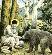 Серафим кормит медведя. Фрагмент литографии Путь в Саров, 1903
